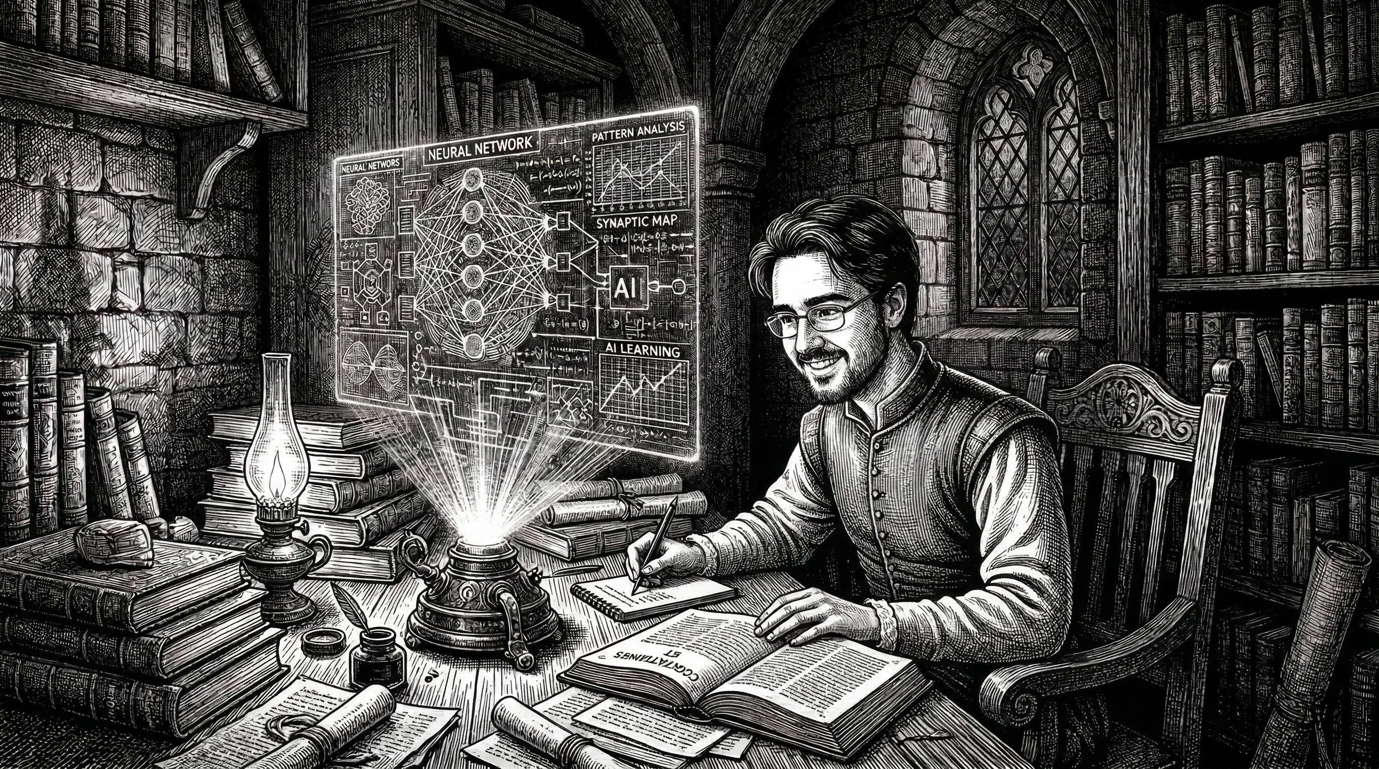 A futuristic and premium study setup showing digital AI integration.